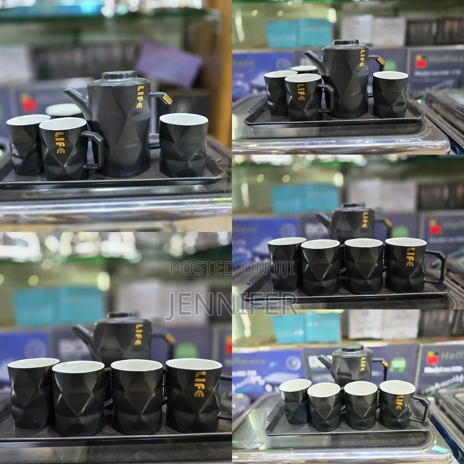 Ceramic Black Teapot Set With 4 Cups Tray