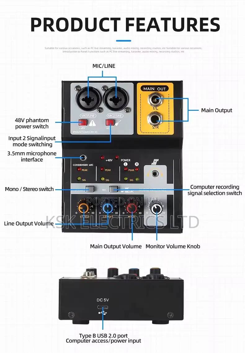 2 Channel Stereo Sound Studio Recording Audio Mixer