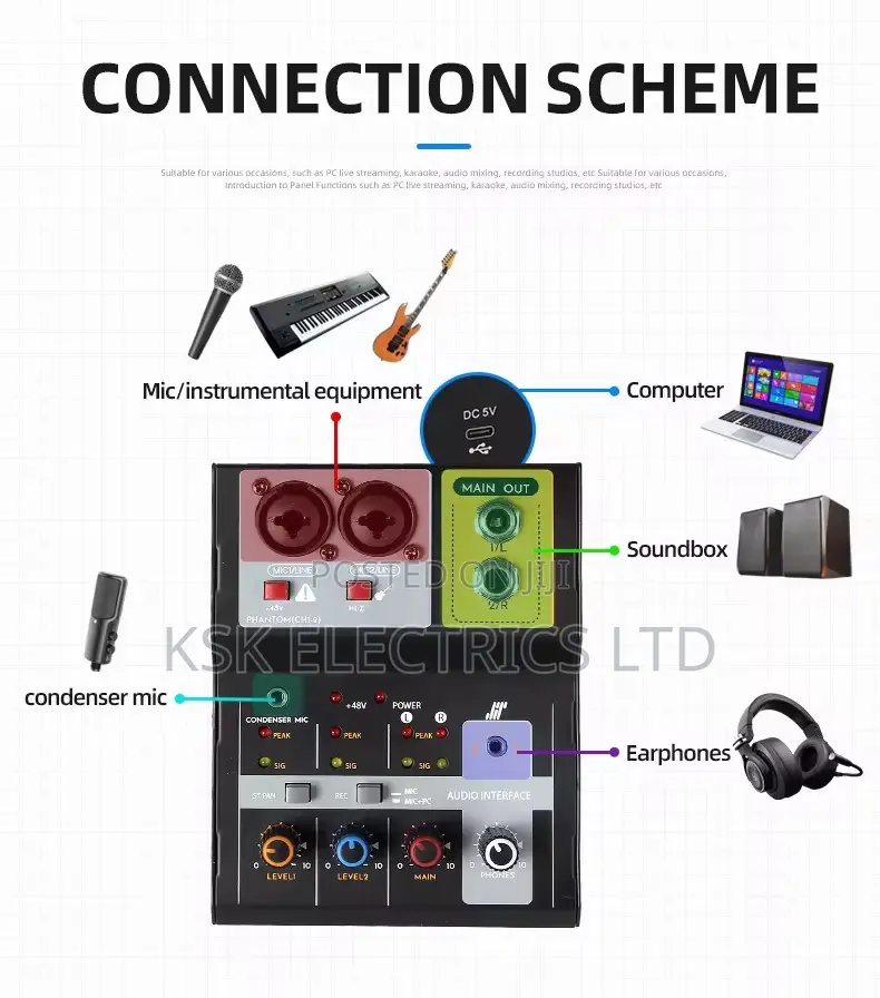 2 Channel Stereo Sound Studio Recording Audio Mixer