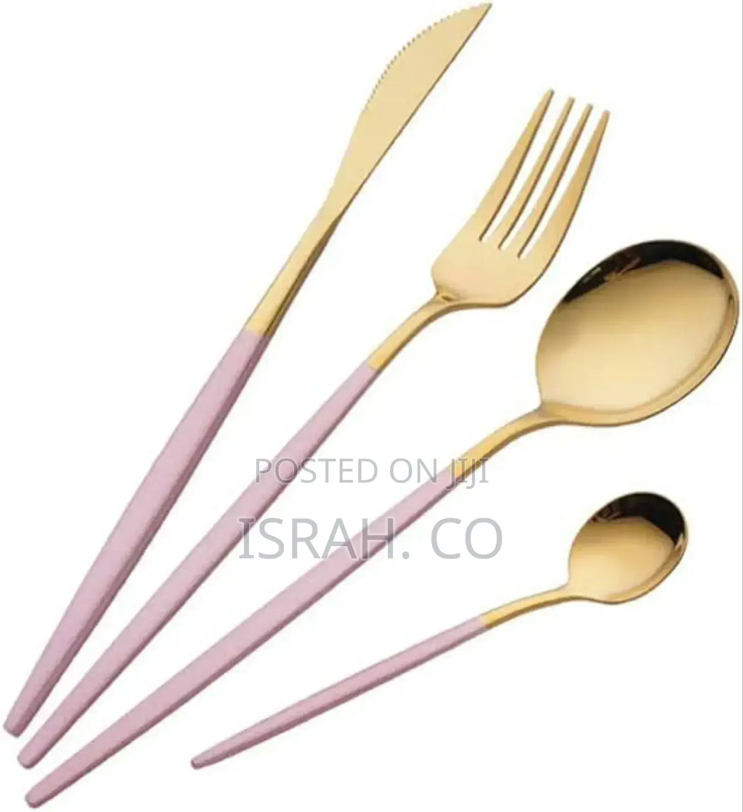 Set of Cutlery With Pink Handles and Gold-Colored
