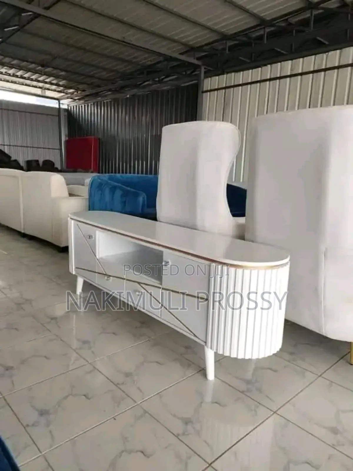 White Flat Tv Stand With Gold Lines