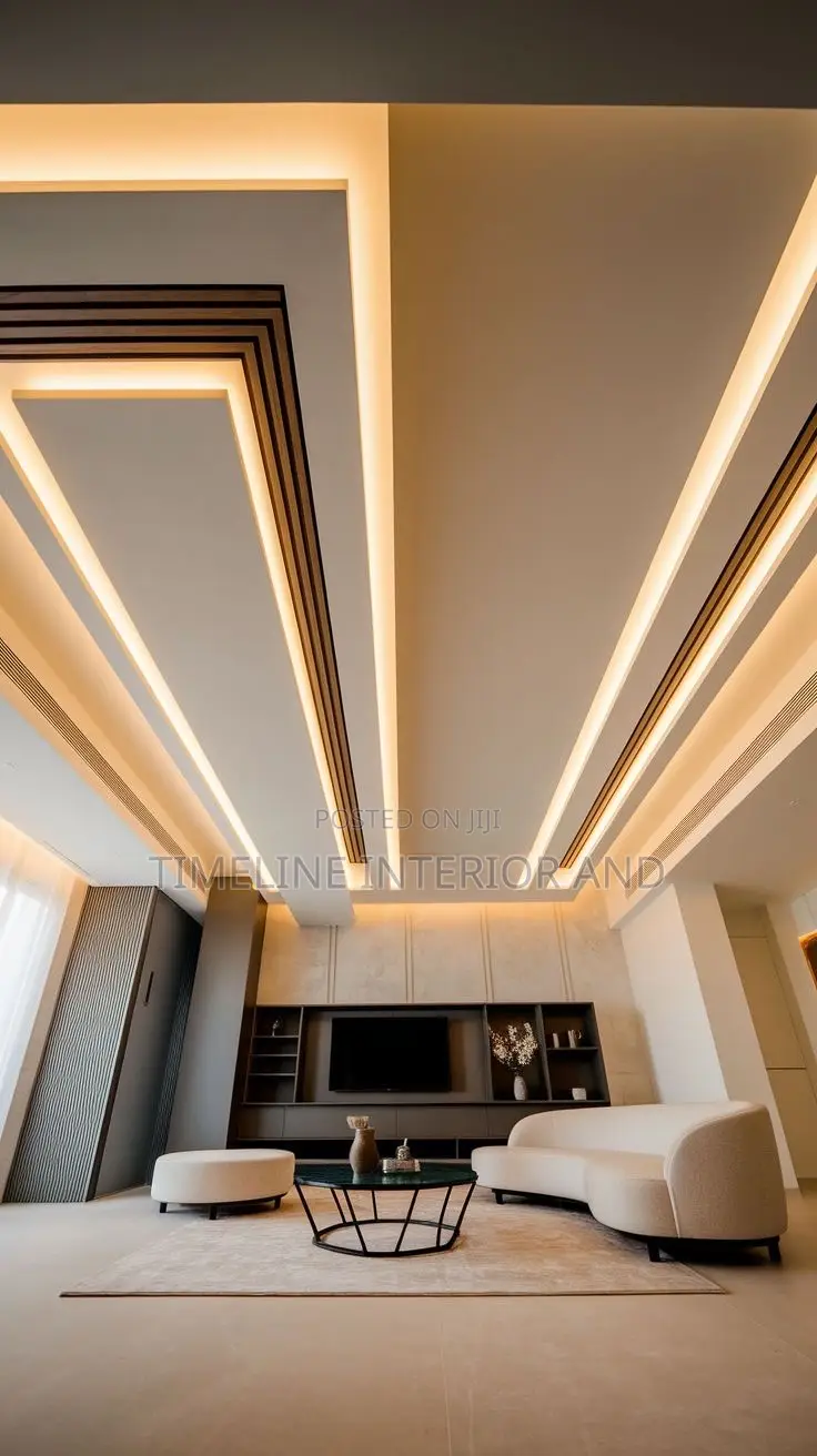 Gypsum Ceilings Designs With Fluted Panels and Strip Lights.