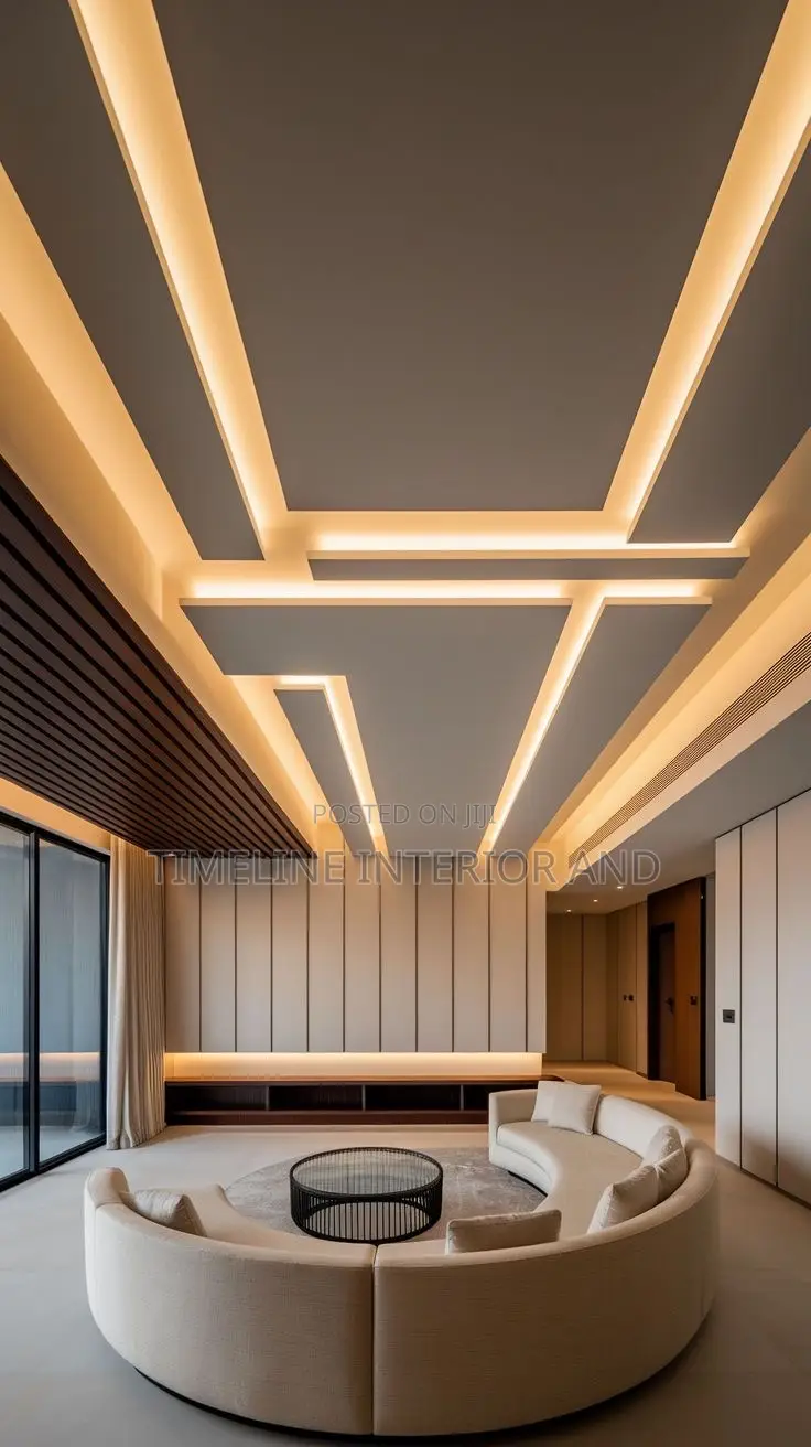 Gypsum Ceilings Designs With Fluted Panels and Strip Lights.