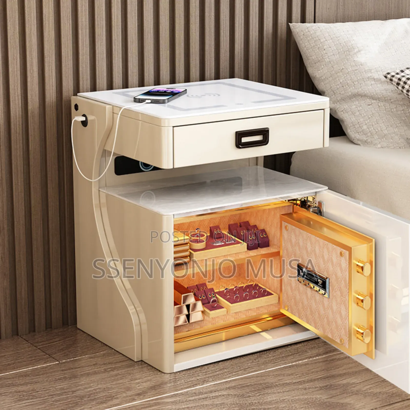 Smart Bedside Table With Safe, Lock, Wireless Charging.