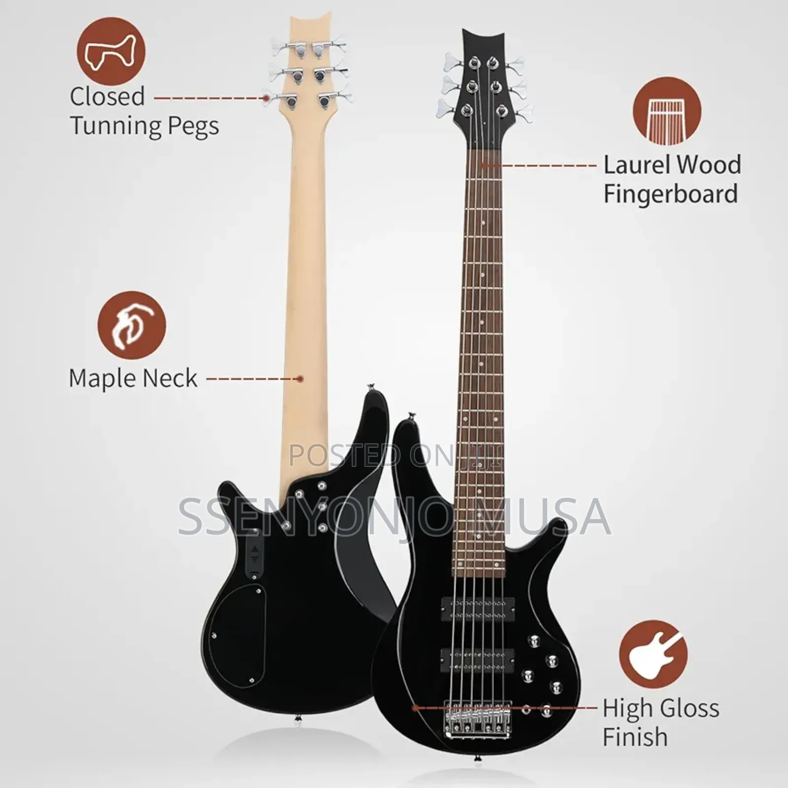 Electric Bass Guitar - 6-String With Professional Hh Pickup