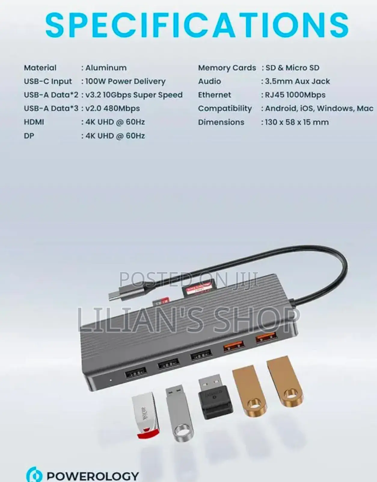 Powerology 13in1 Usb-C Hub Hdmi Type-C 100w
