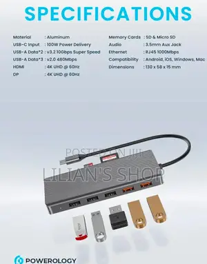 Powerology 13in1 Usb-C Hub Hdmi Type-C 100w