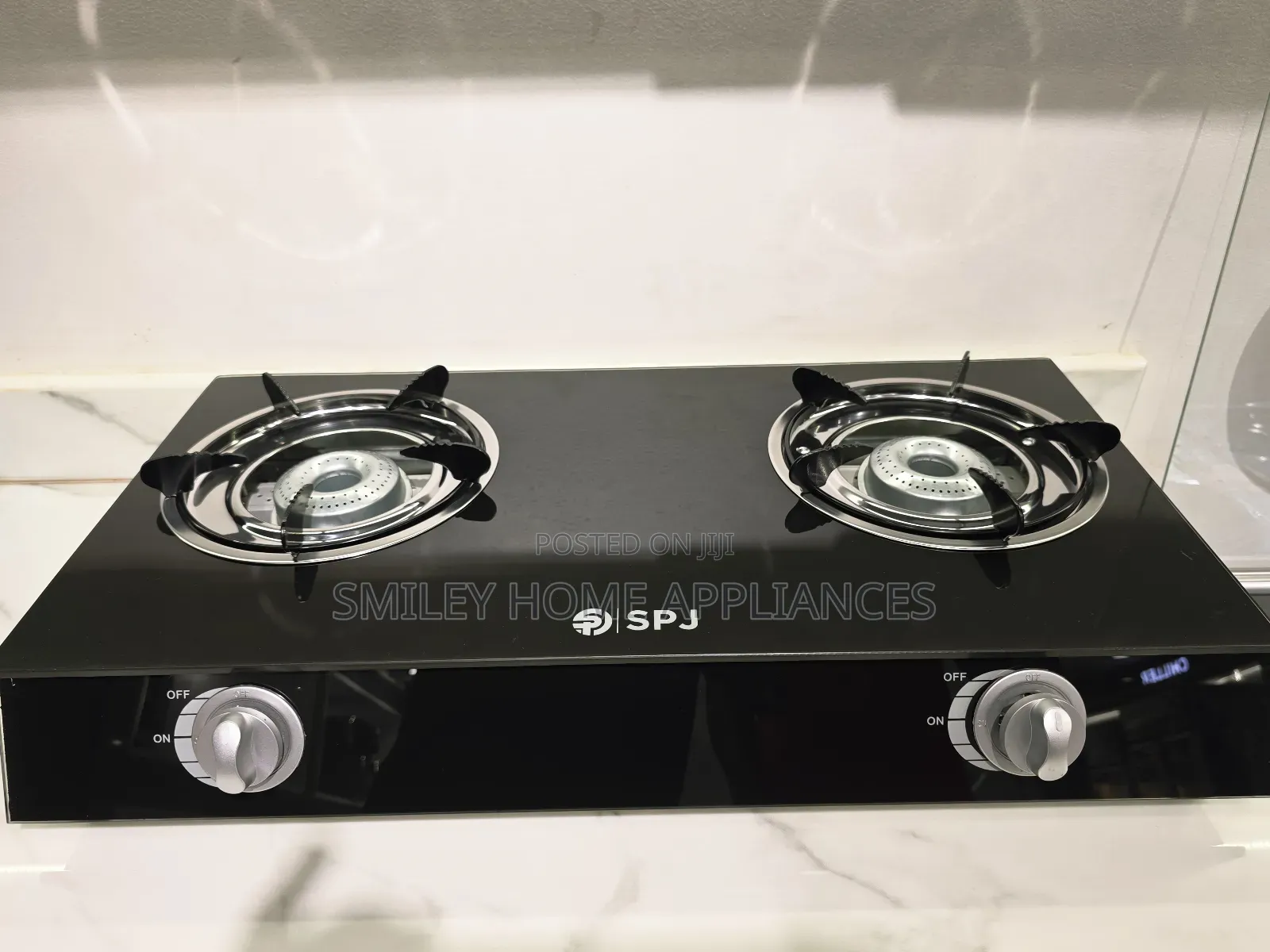 Brand New SPJ Self Ignited Black Glass Double Gas Burner