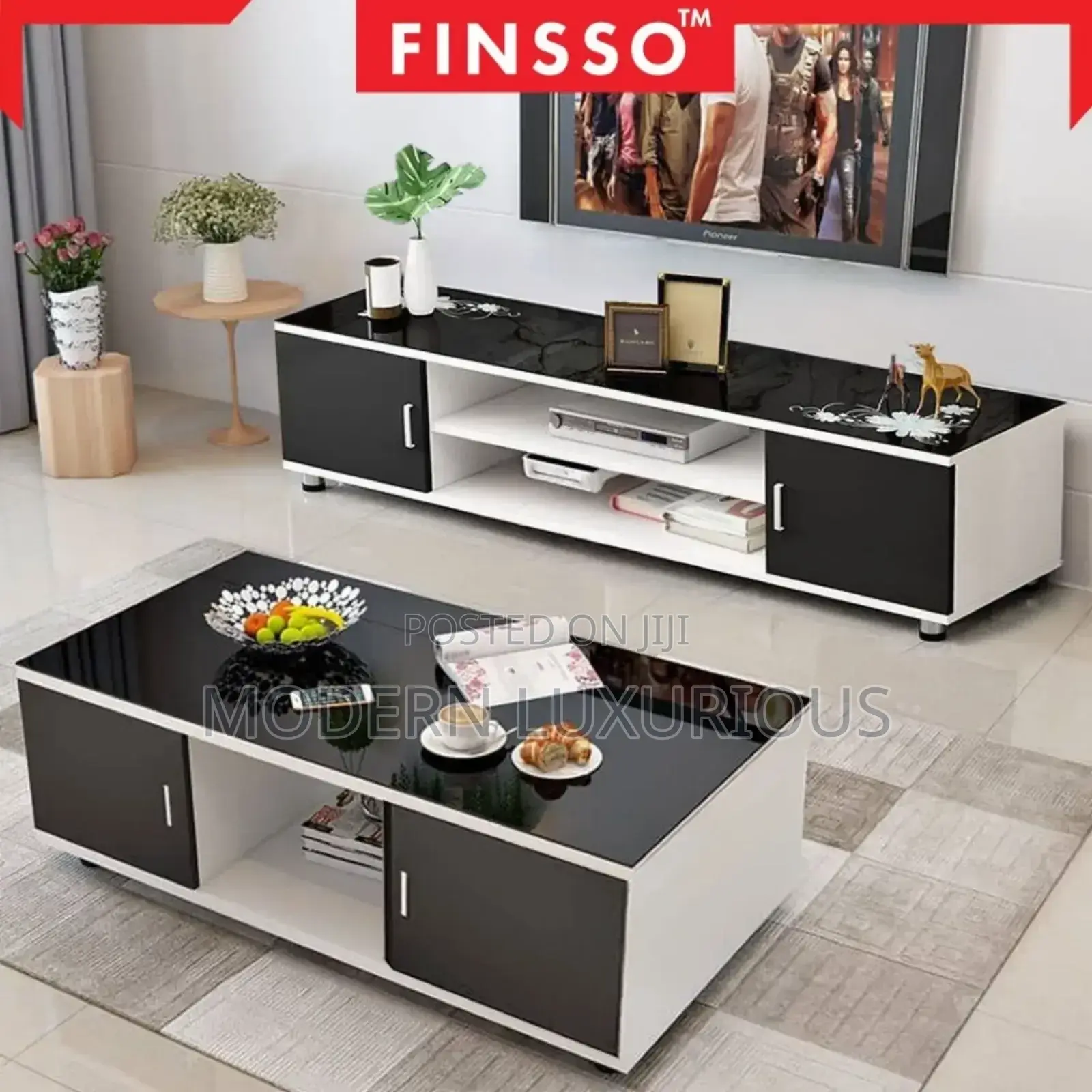 Center Table and Tv Stand Black White Modern Good Furniture/