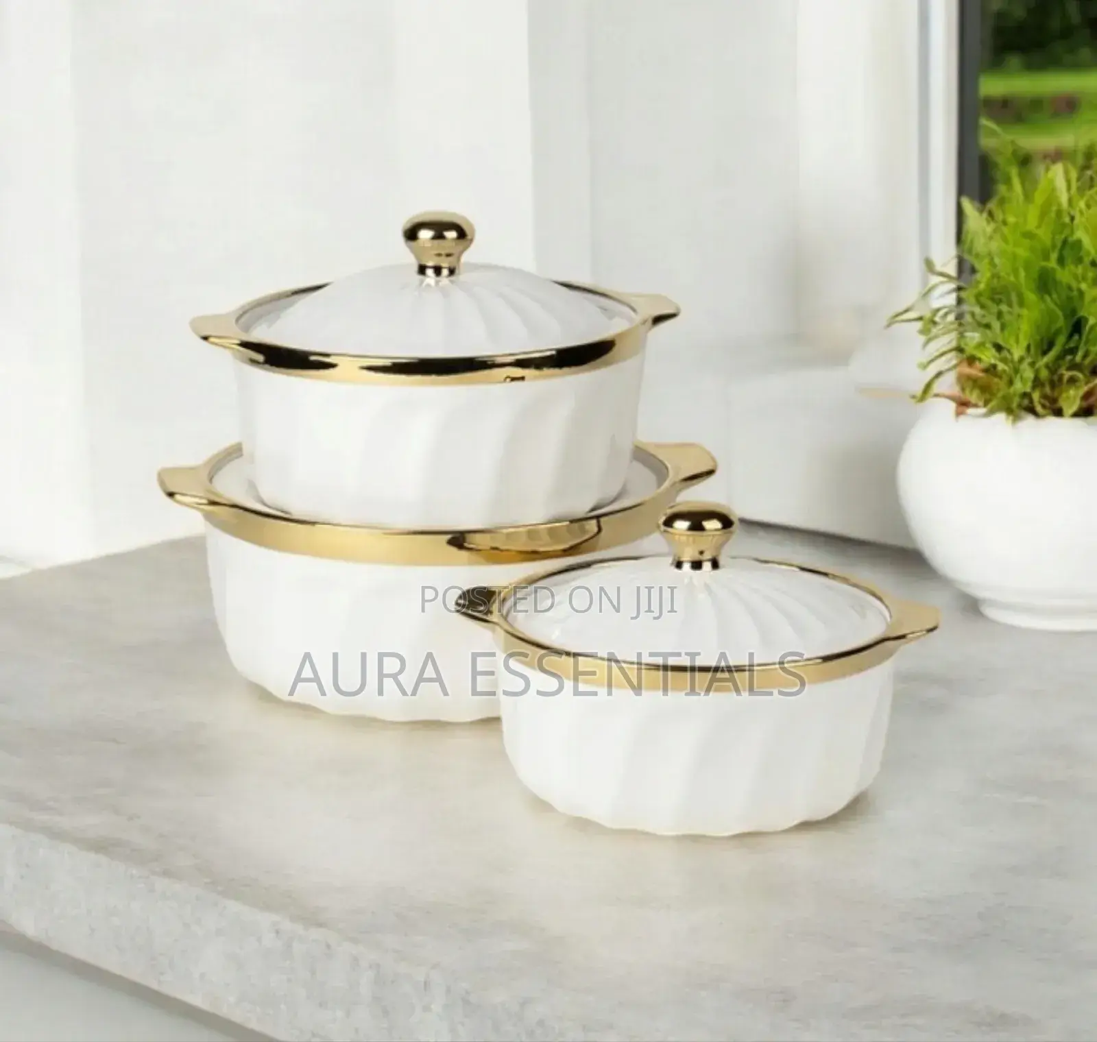3pcs Ceramic Serving Dishes With Gold Rim