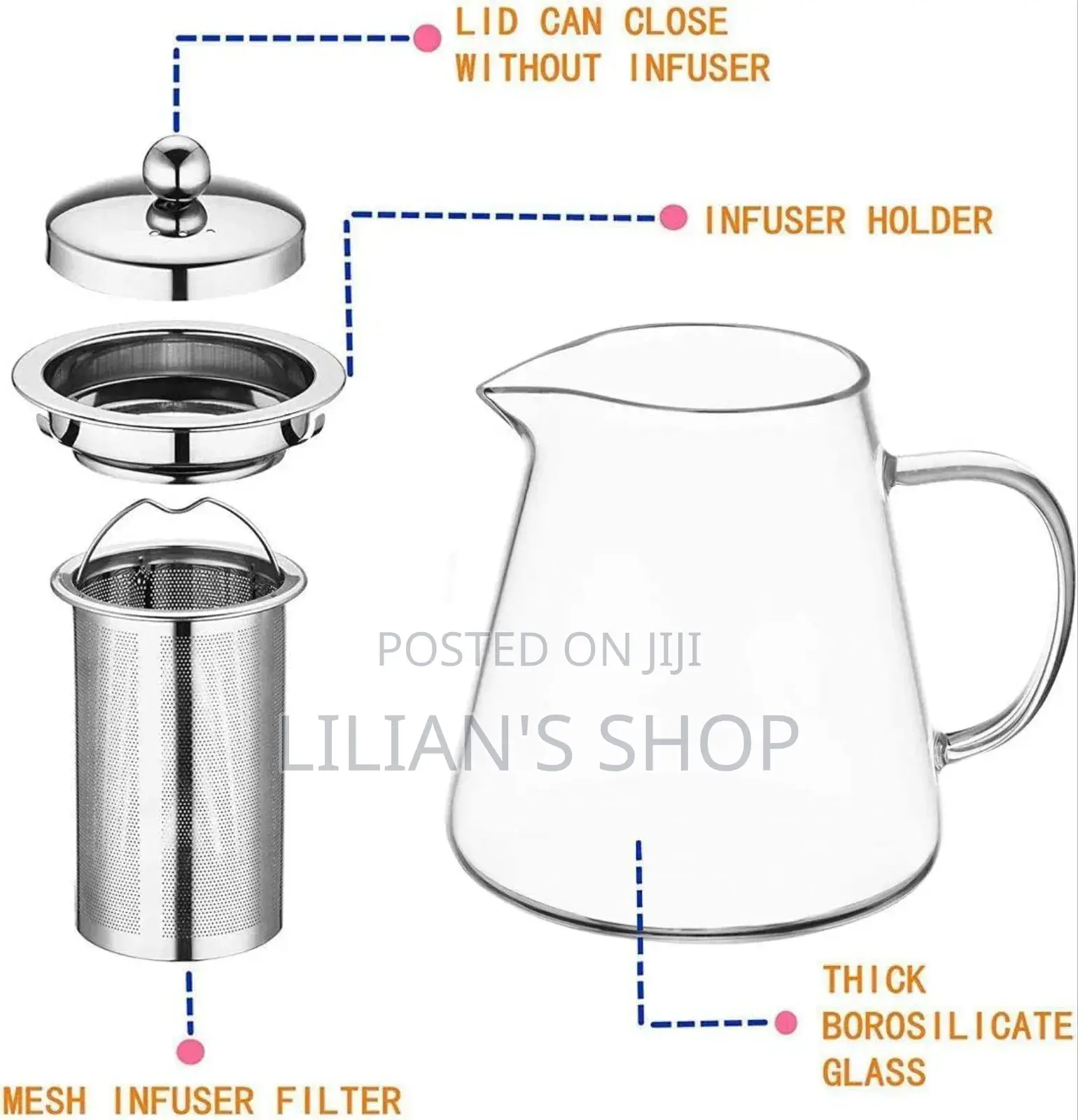 Transparent Round Borosilicate Kettle With Strainer 950ml