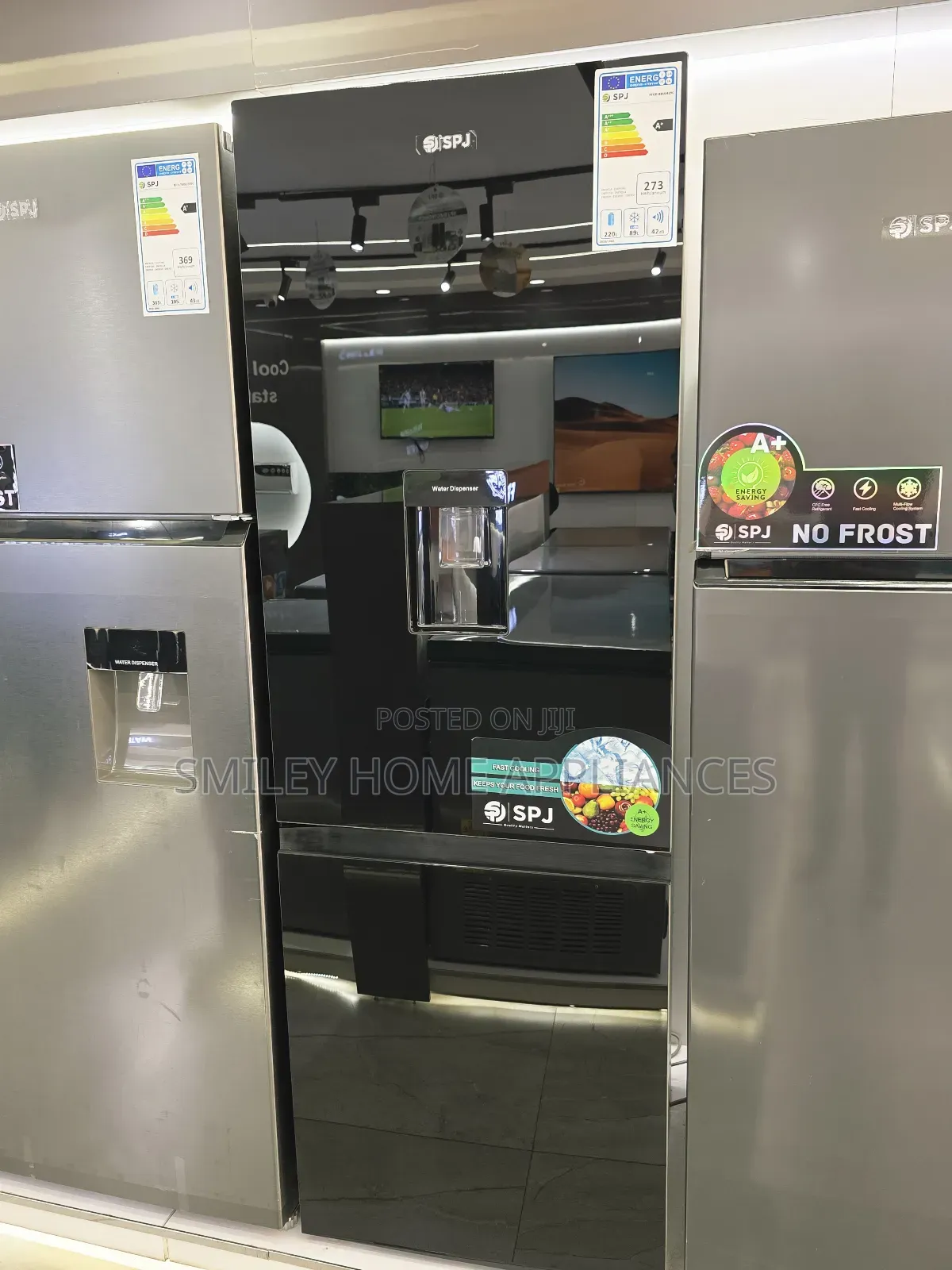 369ltrs SPJ Black Mirror Finish Refrigerator With Dispenser