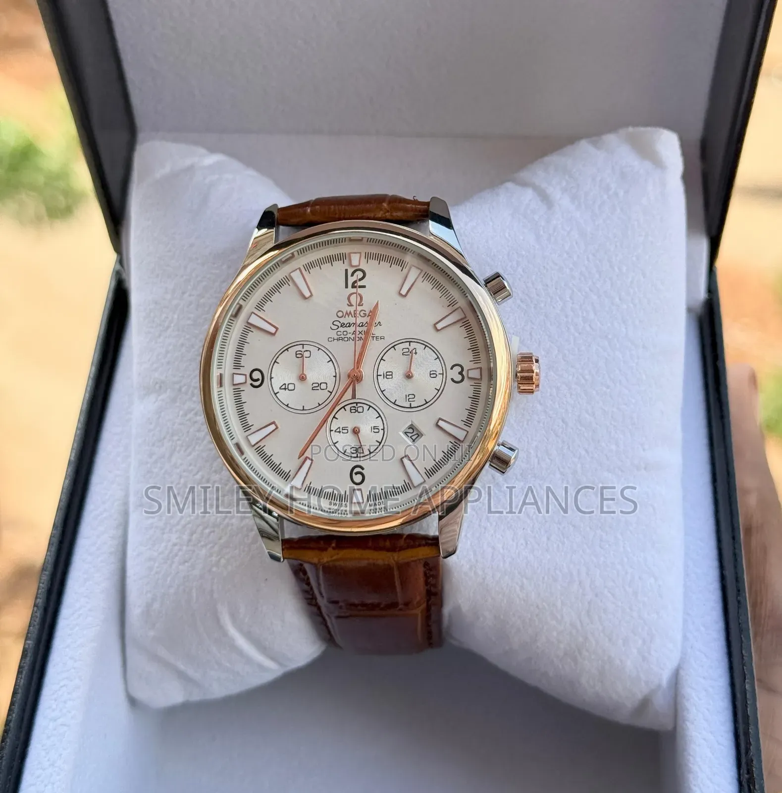 Omega Brown Leather Strapped Men's Classy Analog Wrist Watch