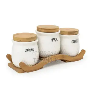 Tea Coffee Sugar 3 Canisters Set With Wooden Tray Stand