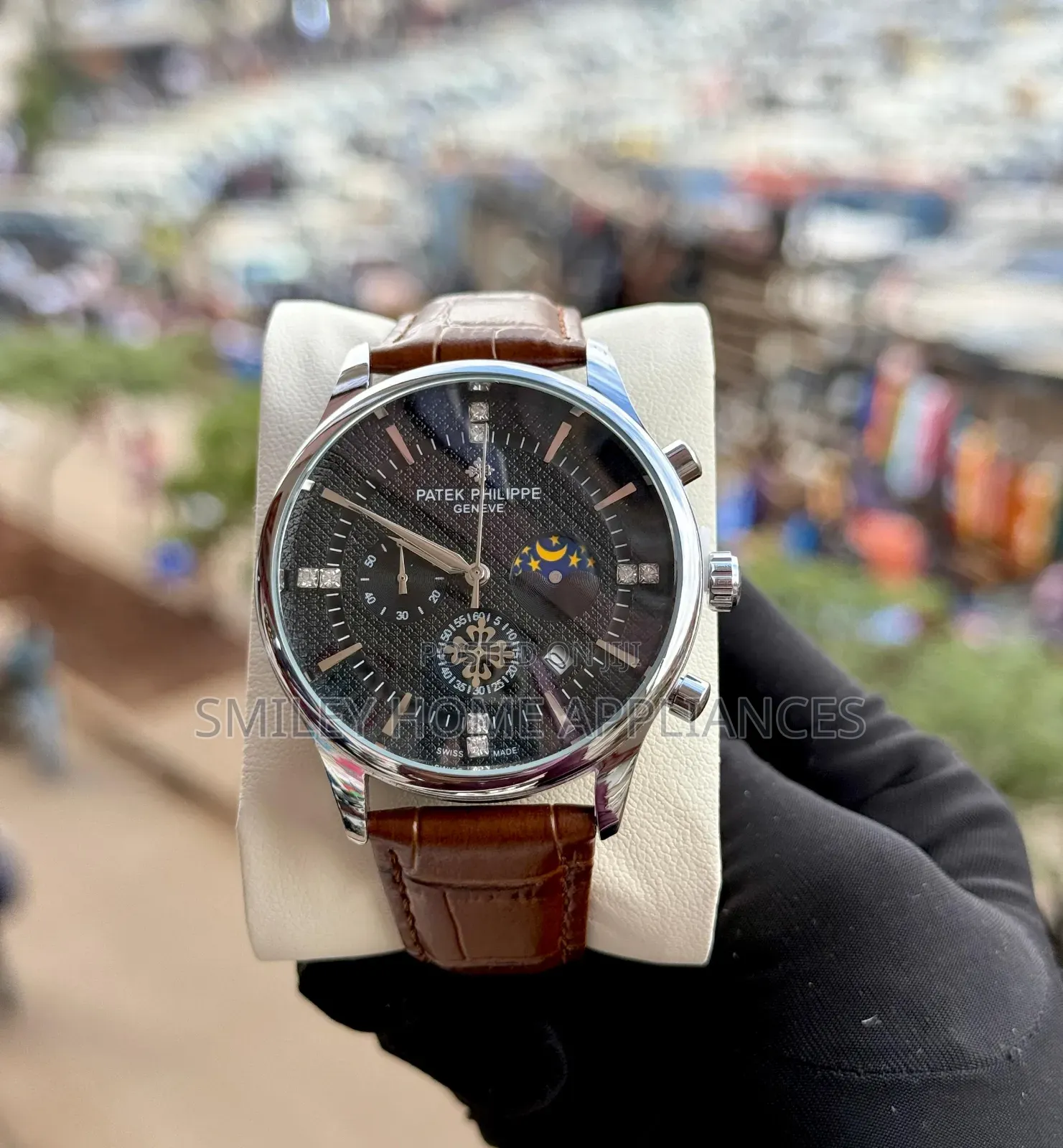 Gevena Patek Phillipe Wrist Men's Brown Leather Strap Watch