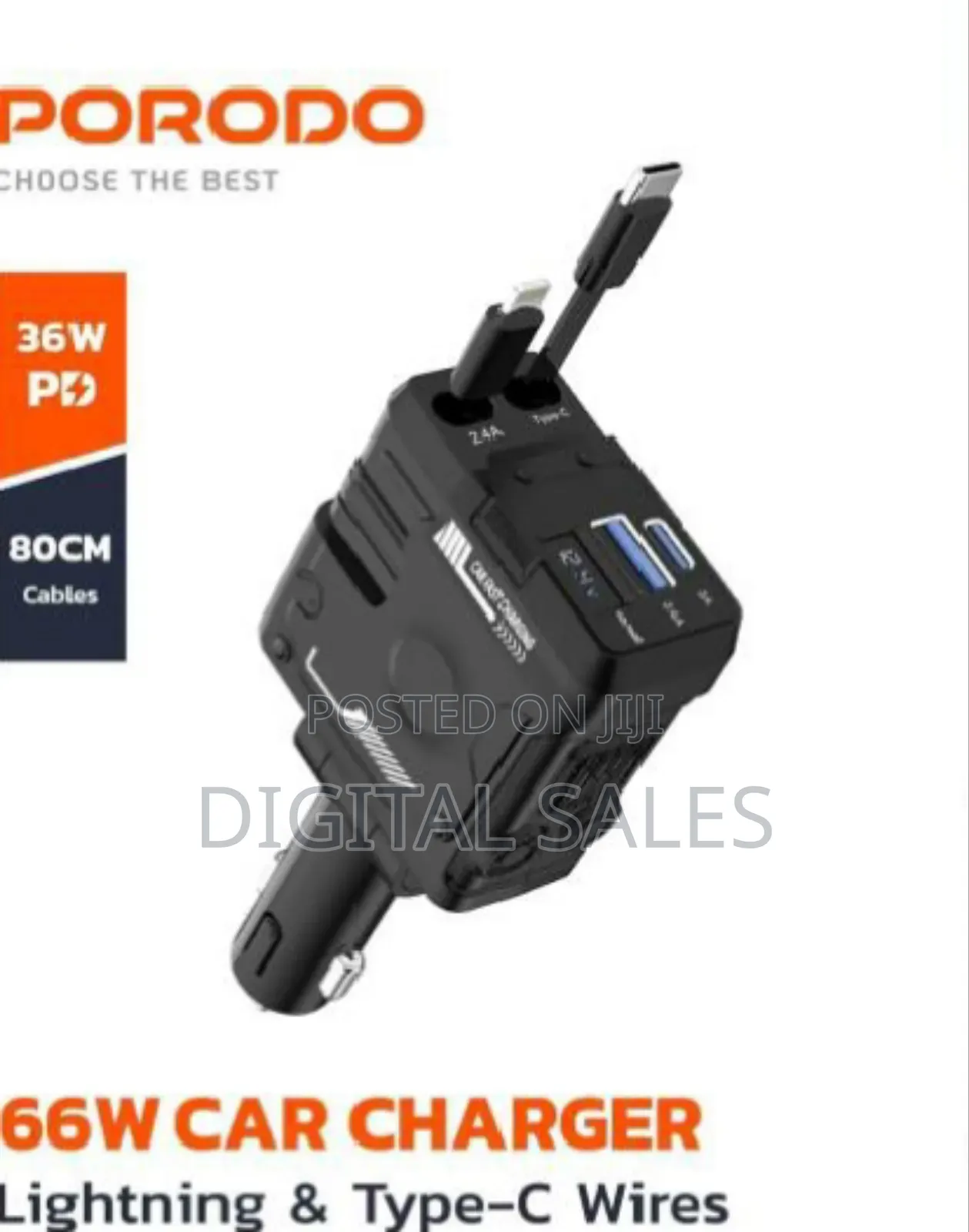 Porodo 66w Car Charger Lightning Type-C - Black