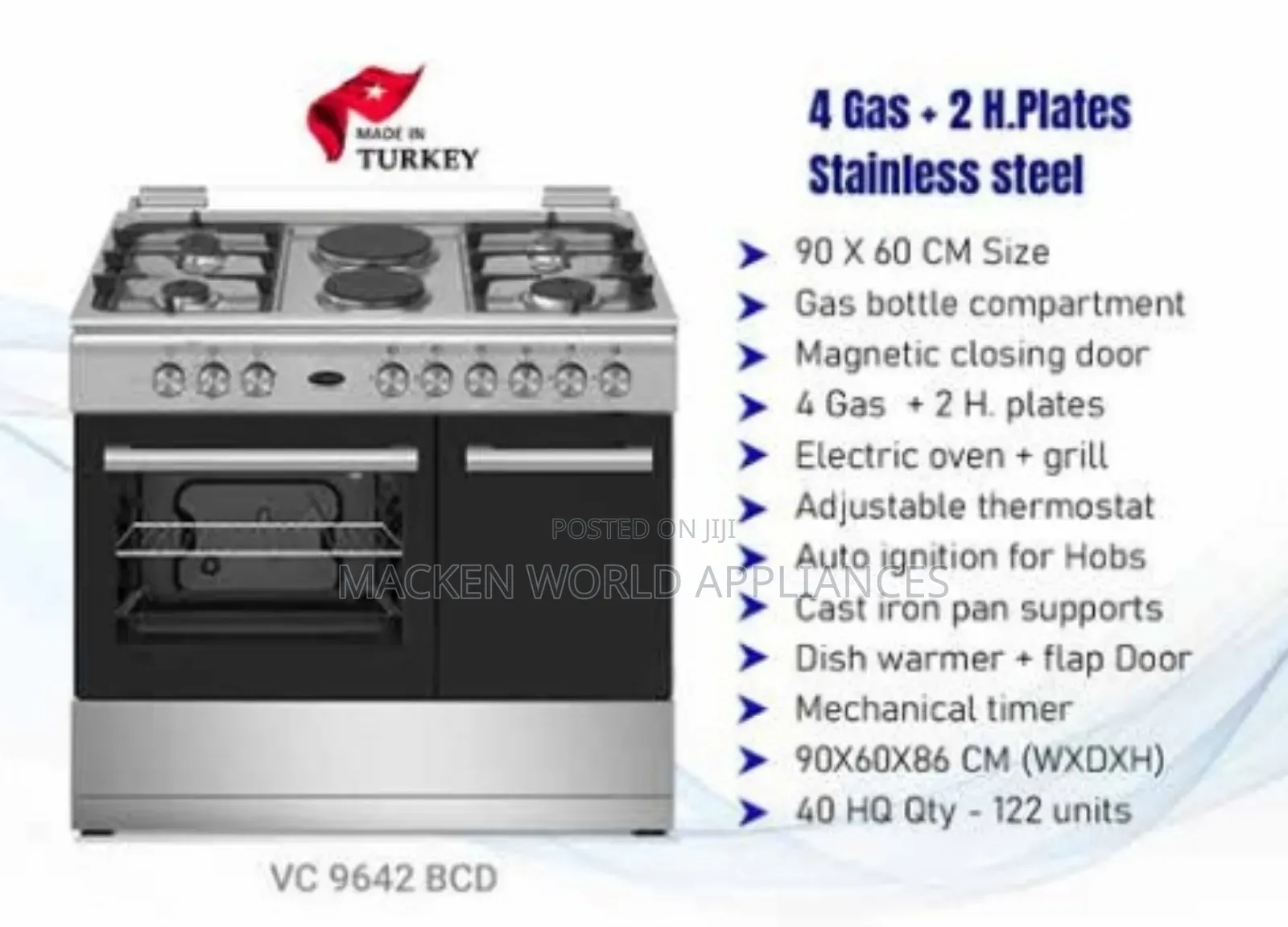 Venus Cooker 90by60cm 4gas Burners 2 Electric Plates