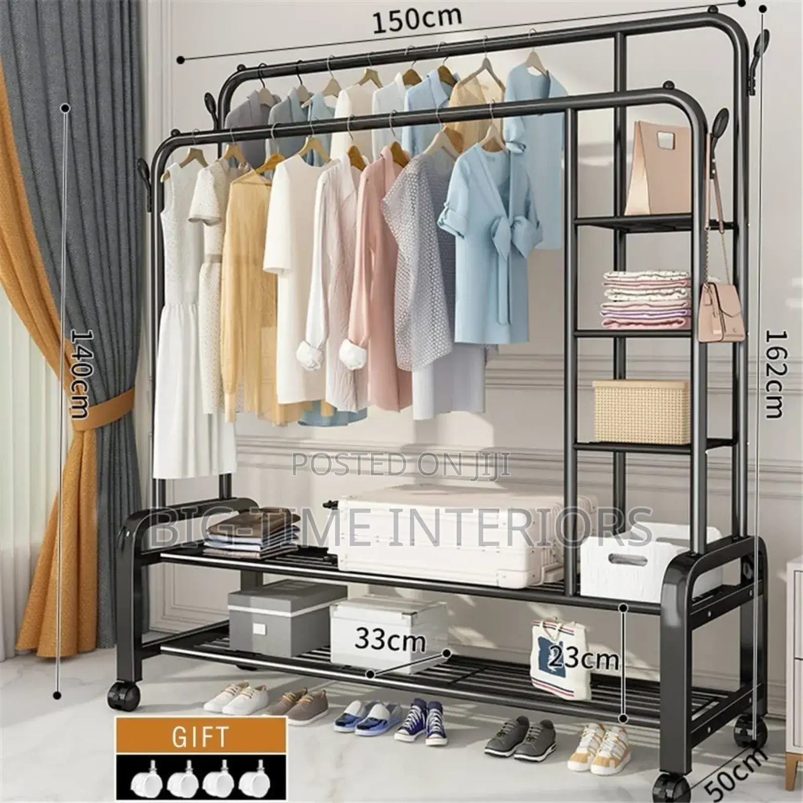 Elegant Black Multipurpose Clothes Hanger Rack With Shelves