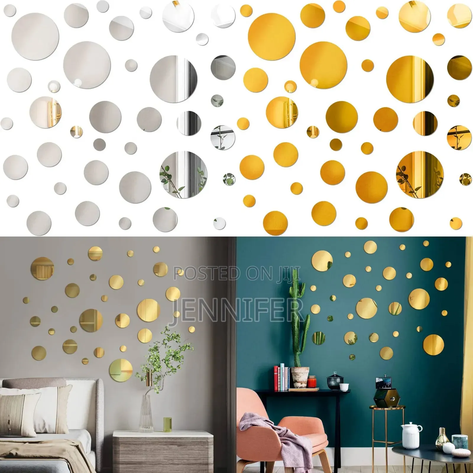 24pcs Silver /Gold Circle Mirror Decor Stickers