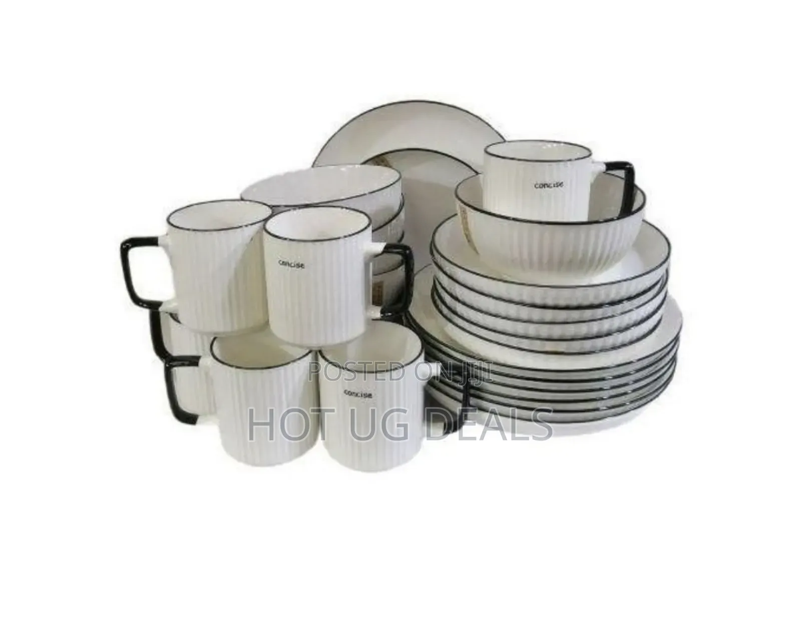 24pcs Of Black Line Design Plates Bowls Cups Dinner Set