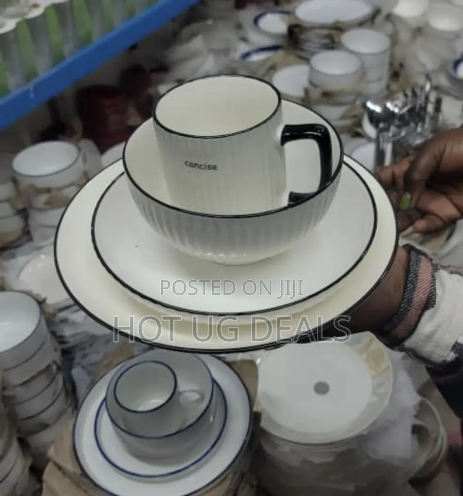 24pcs Of Black Line Design Plates Bowls Cups Dinner Set