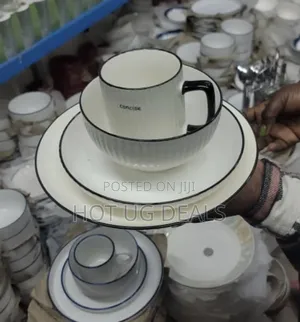 24pcs Of Black Line Design Plates Bowls Cups Dinner Set