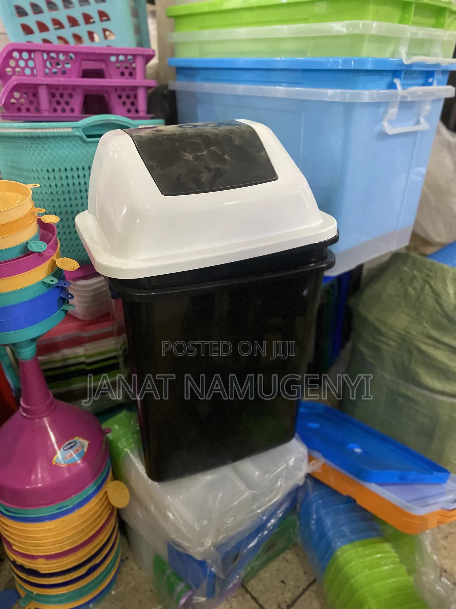 Black Plastic Dustbin With Swing Lid