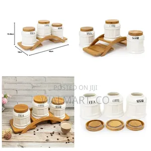 3 PCS Ceramic Storage Canisters With Wooden Base