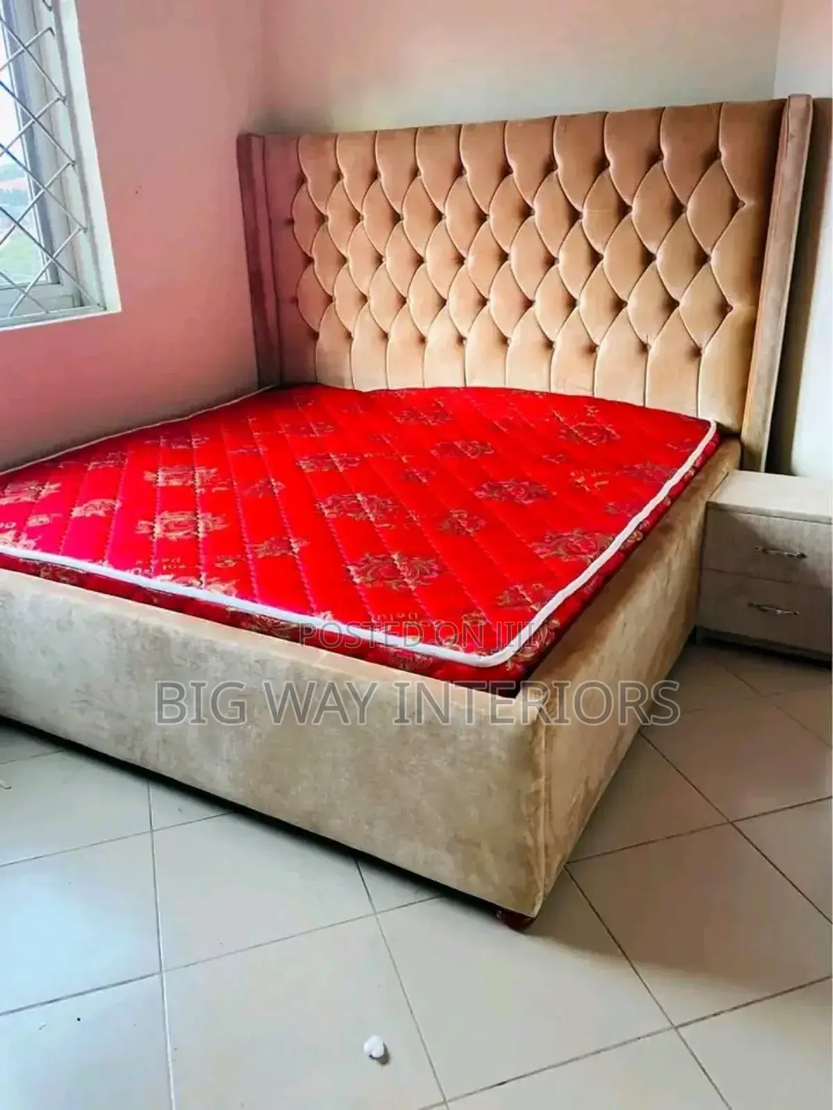 5by6 Cream Fabric Tufted Bed