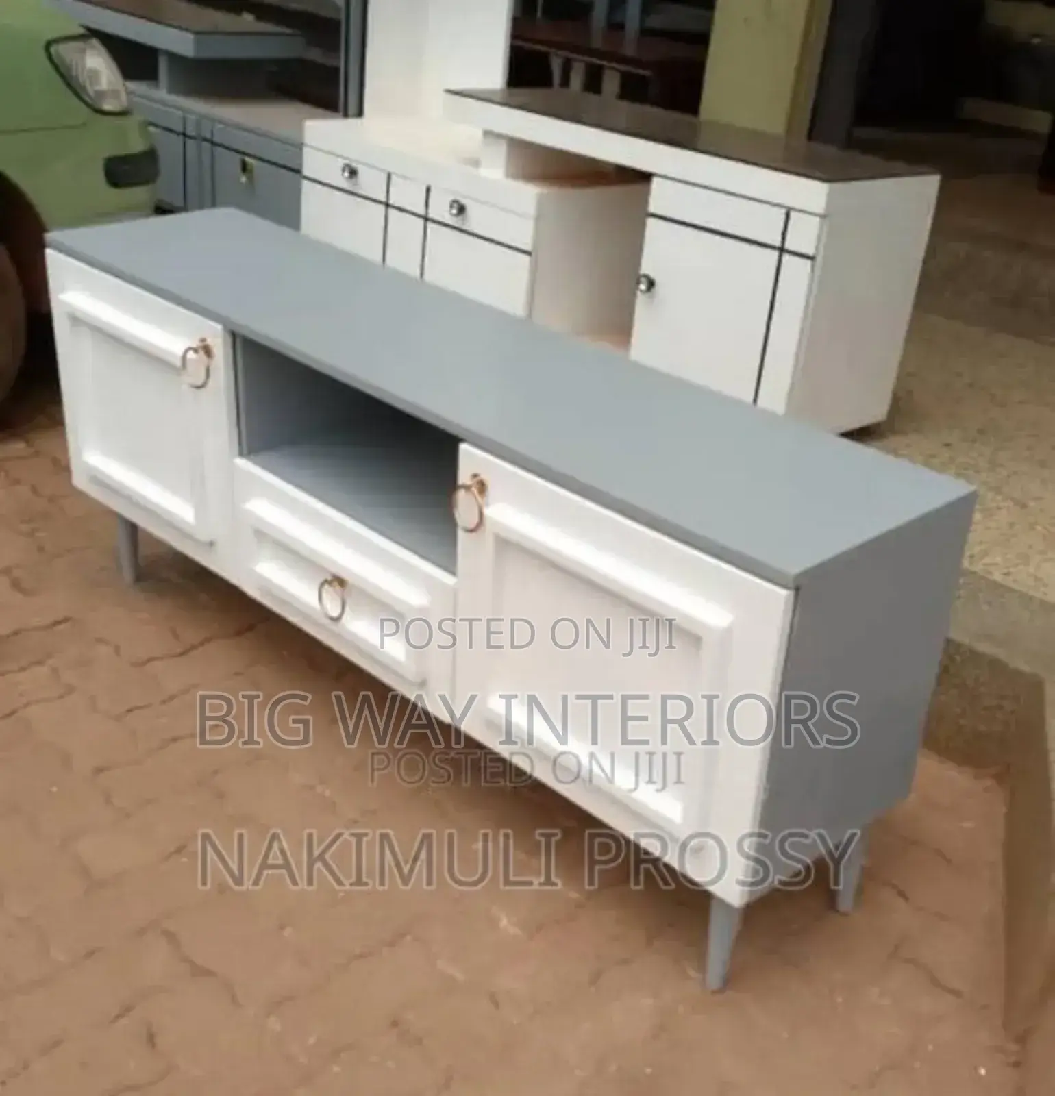 Gray and White Tv Stand With Gold Handles 870700
