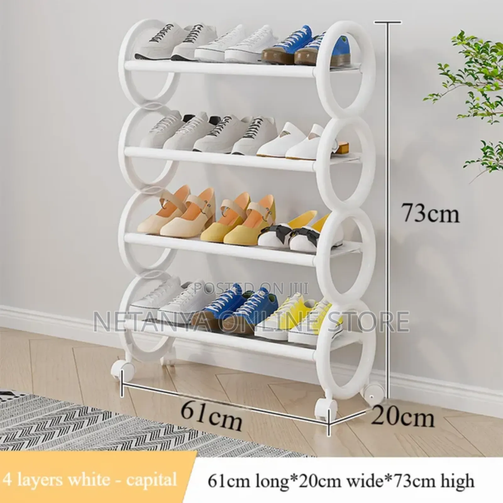 Movable 4 Tier Shoes Rack With Wheels