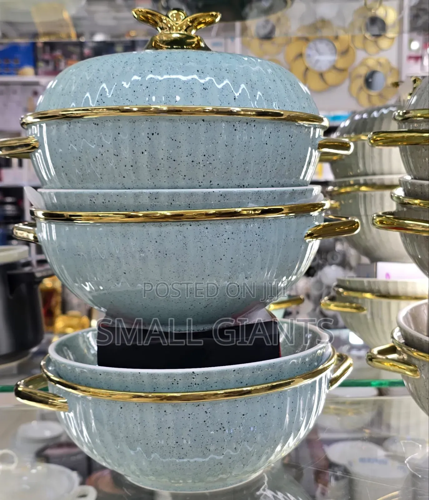 Cookware Set With Speckled Gray Finish Gold Accents