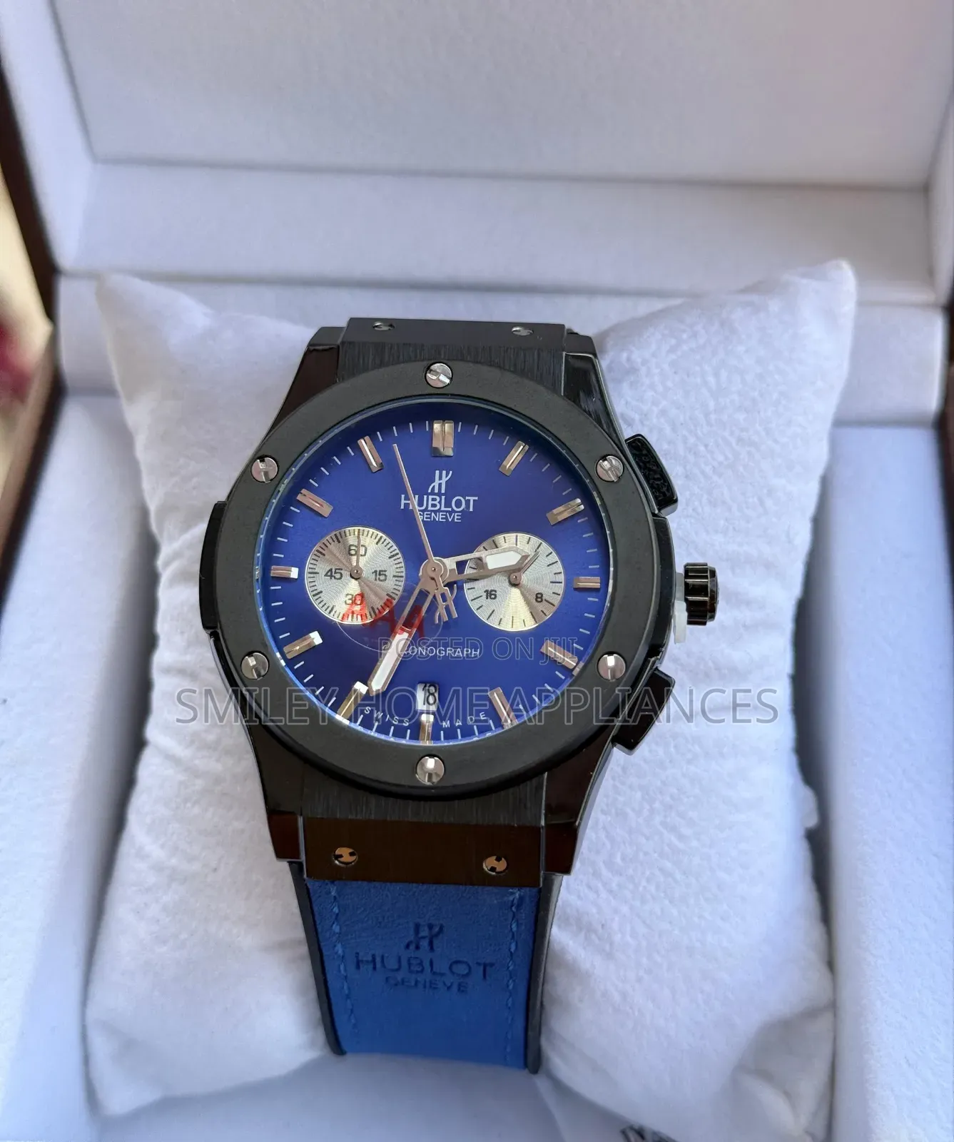 Hublot Geneve Mens Original Time Piece Leather Blue Strapped