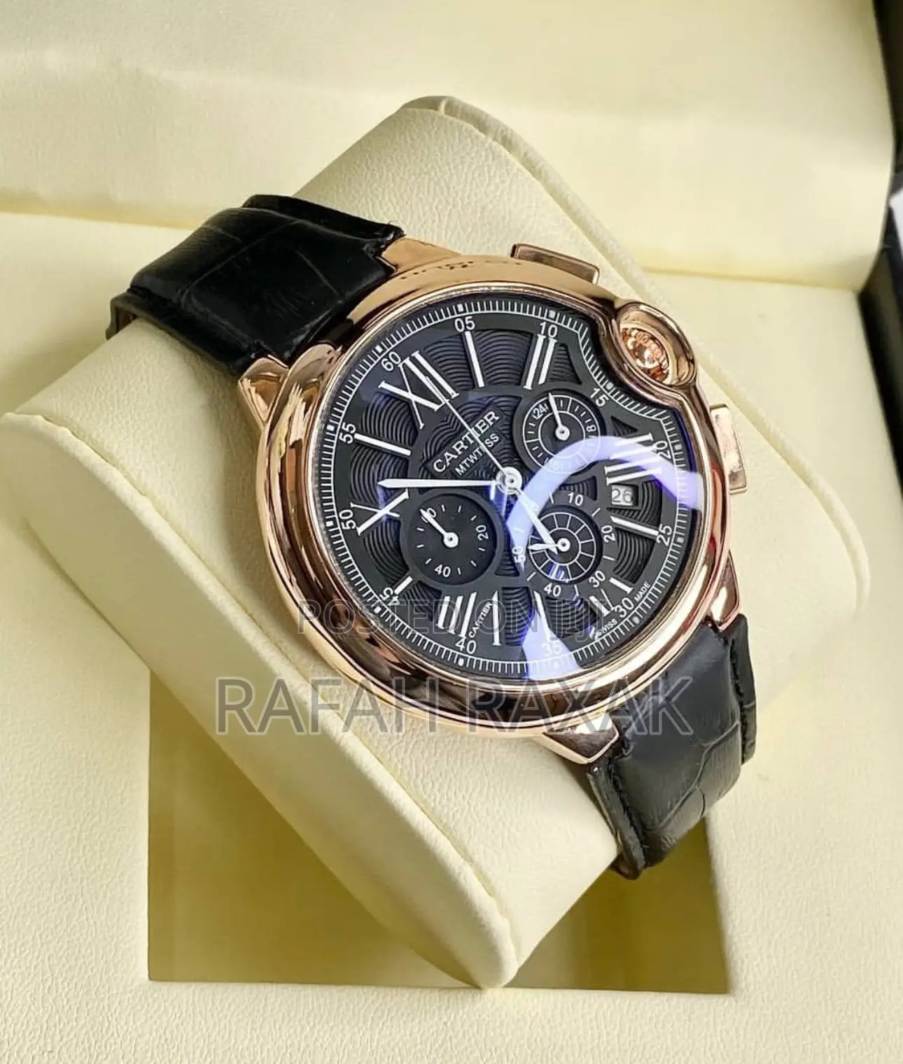 Black/Gold Cartier Ballon De Bleu Chronograph Leather Watch