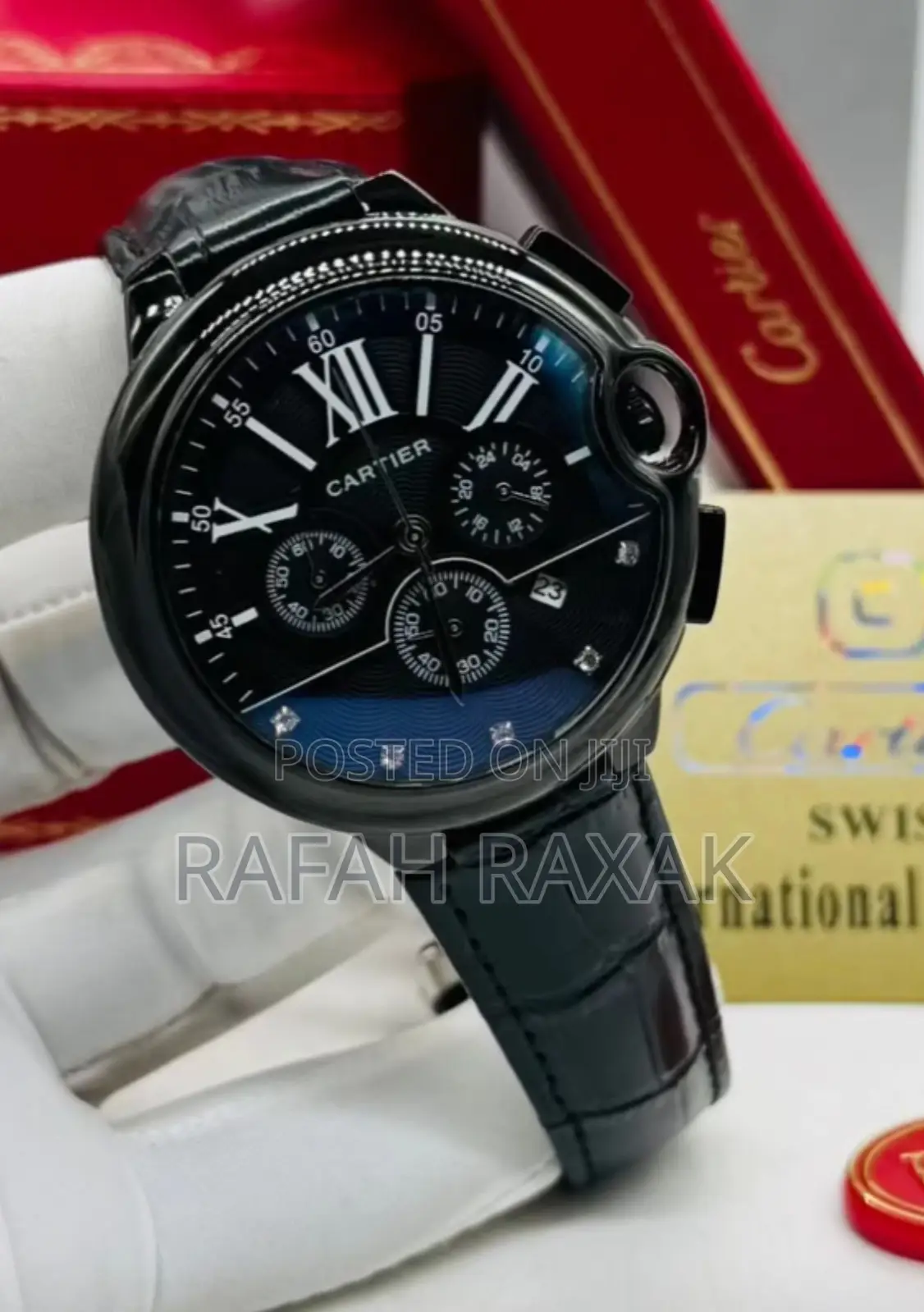 Original Triple Black Cartier Chronograph Leather Watch