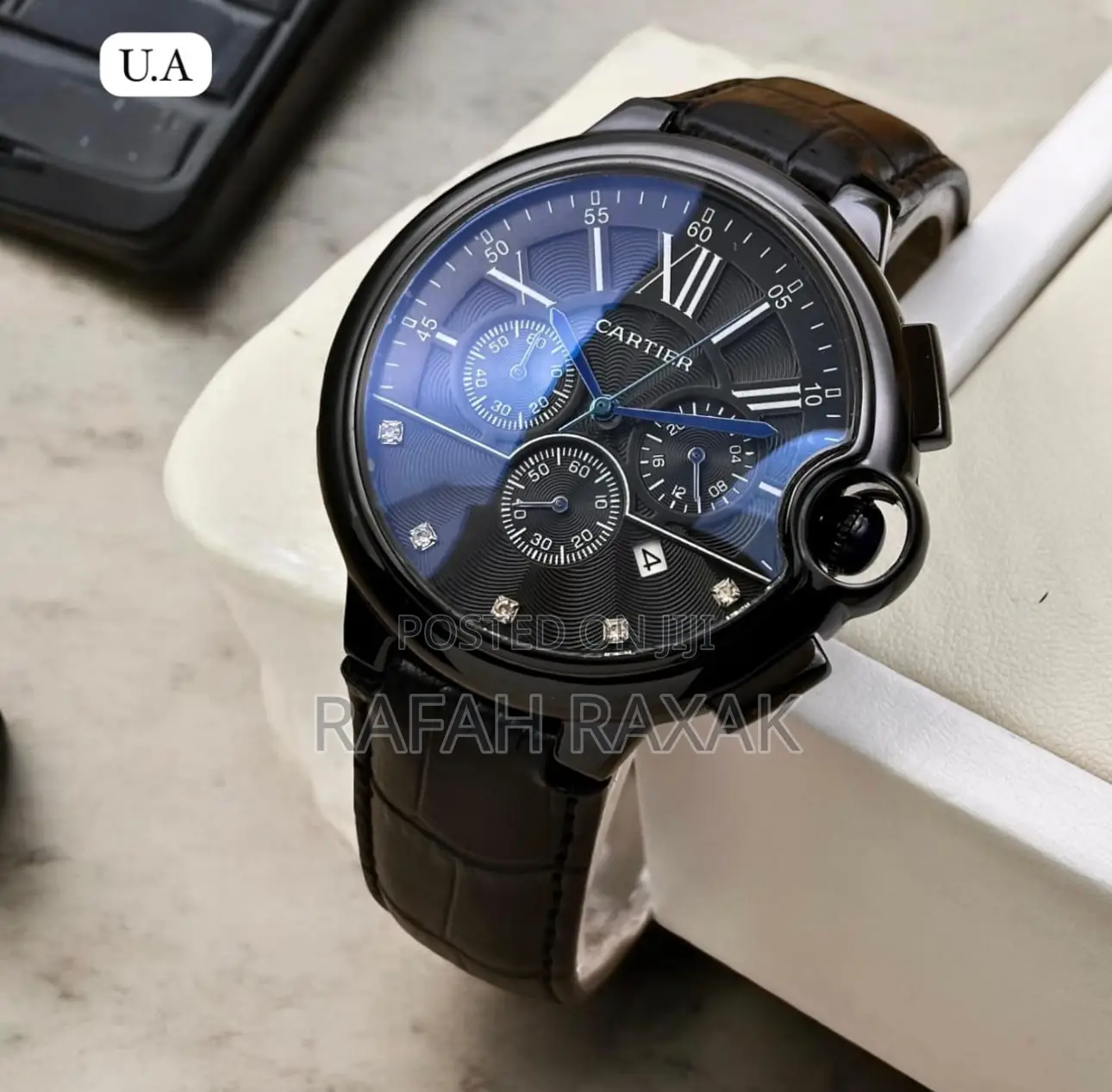 Original Triple Black Cartier Chronograph Leather Watch