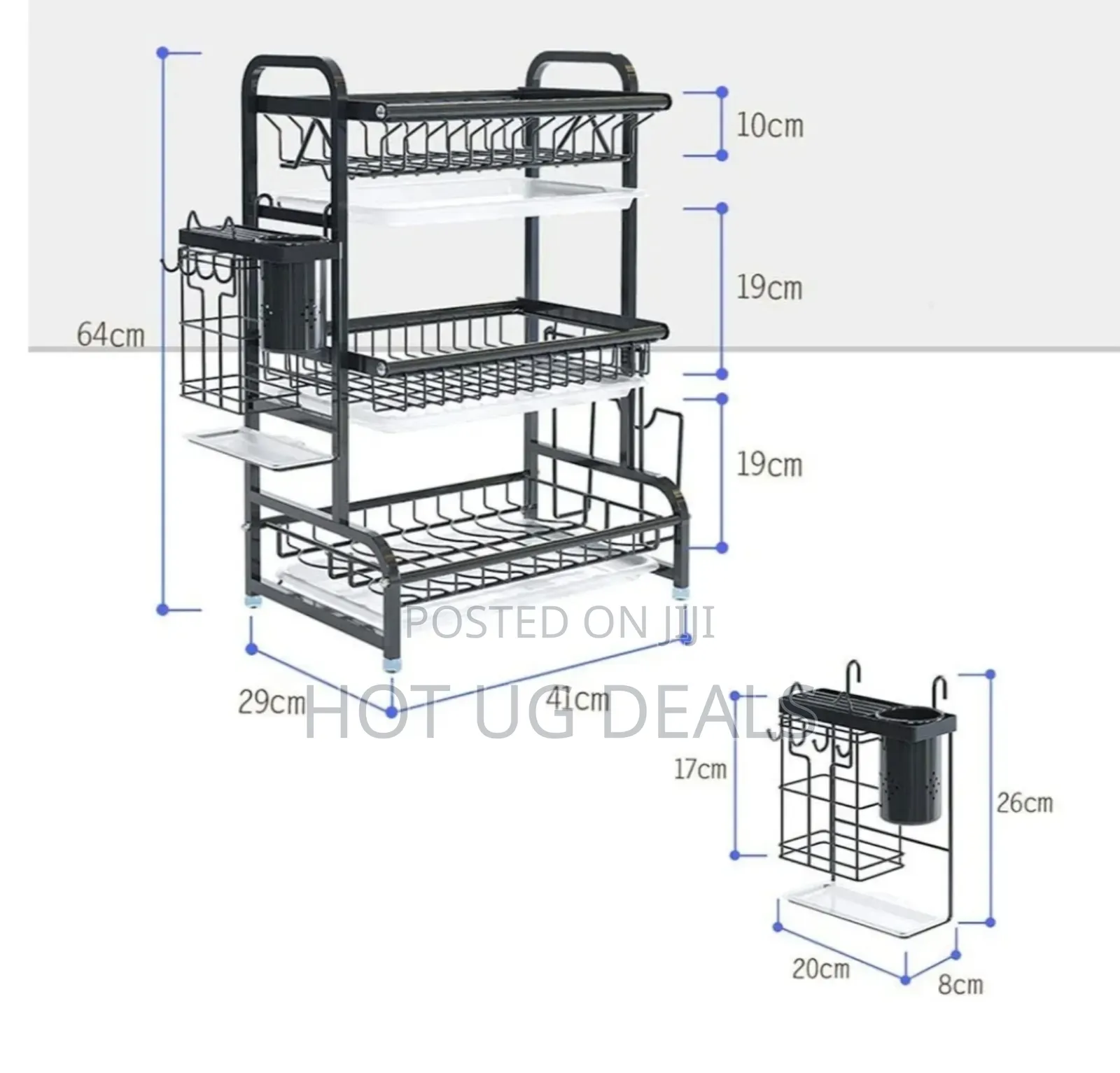 3 Layer Dish Rack Drainer For Utensils & Cutlery - Black