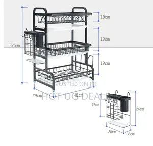 3 Layer Dish Rack Drainer For Utensils & Cutlery - Black