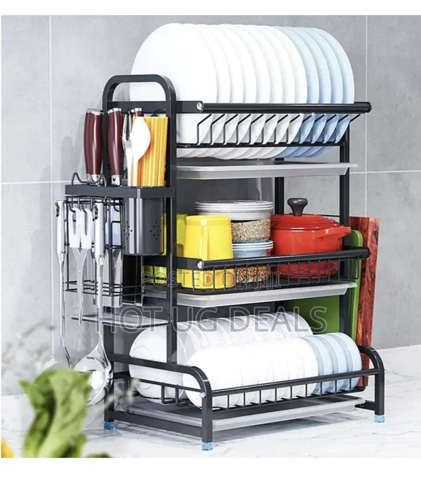 3 Layer Dish Rack Drainer For Utensils & Cutlery - Black