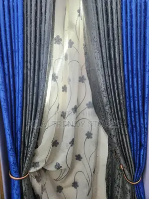 Decorous Gray and Blue Curtains Per Finished Metre