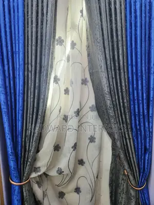 Decorous Gray and Blue Curtains Per Finished Metre
