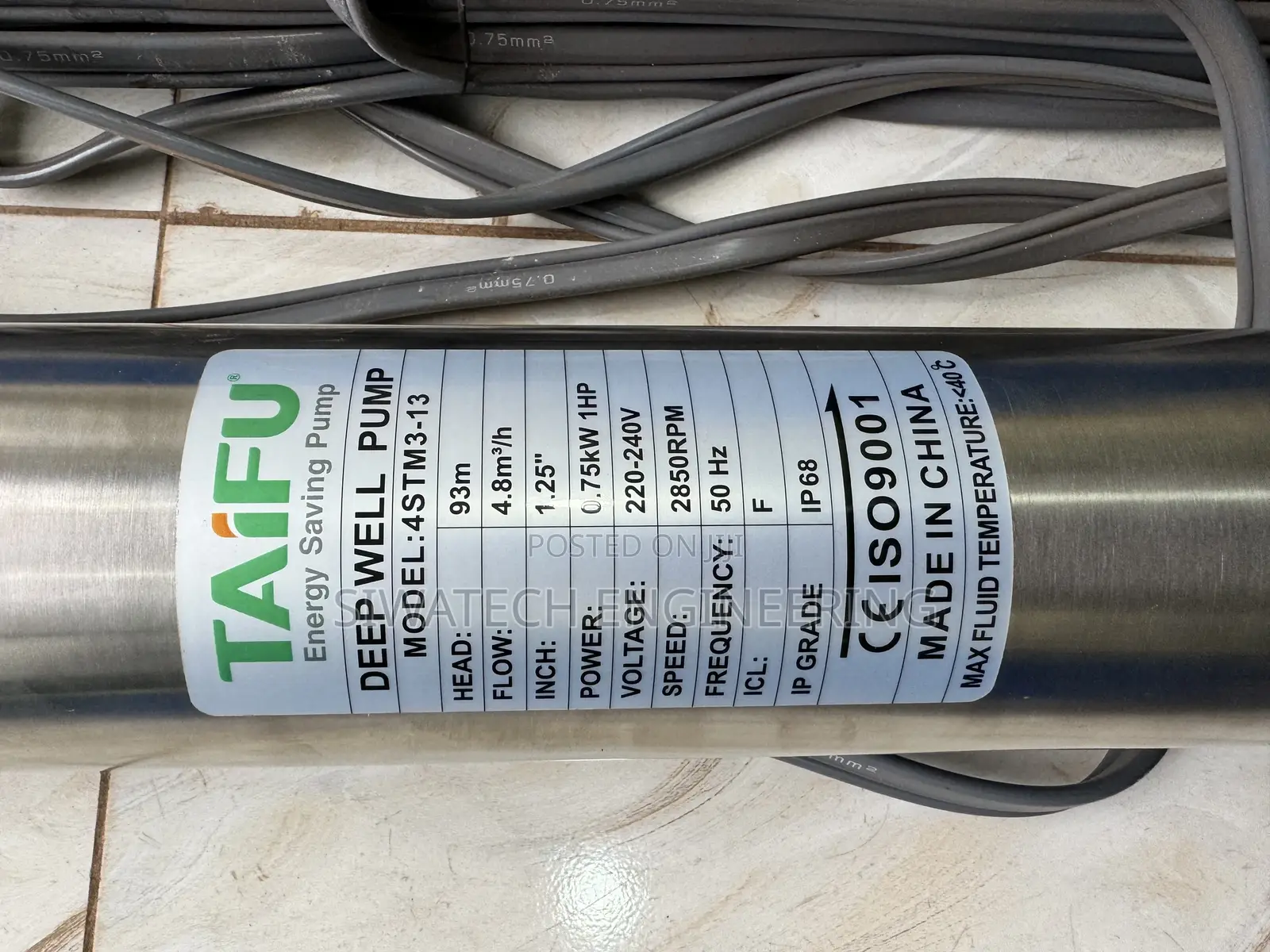 Ac Submersible Water Pump 93m Head With 20m Cable, 1hp 4.8m3