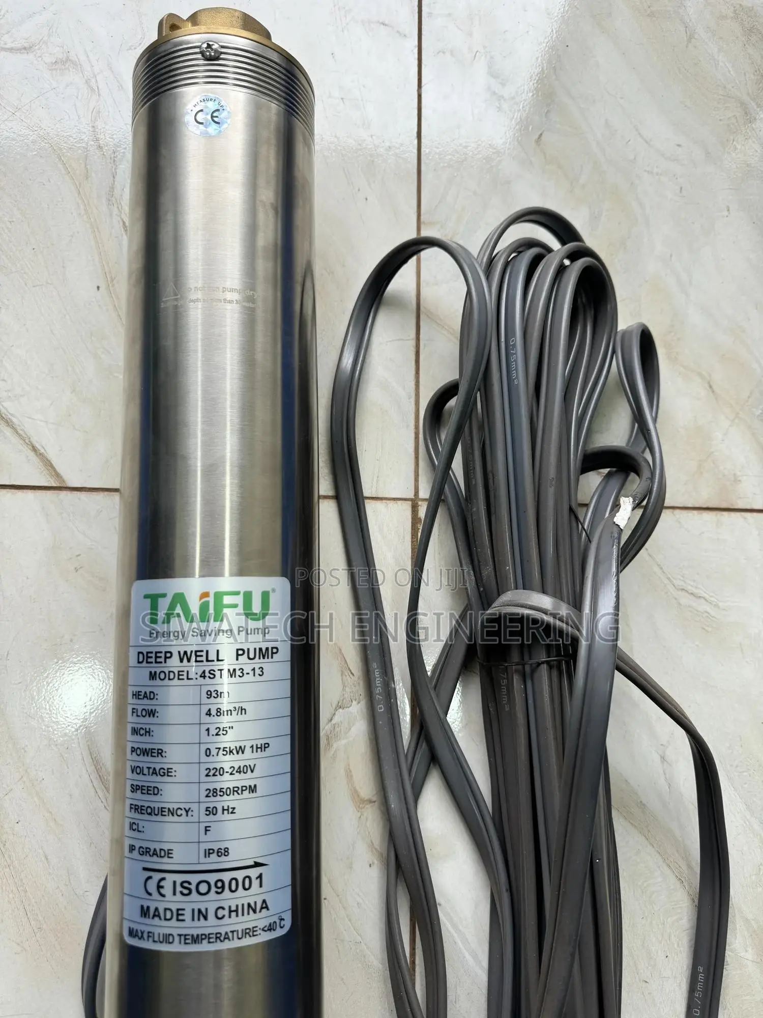 Ac Submersible Water Pump 93m Head With 20m Cable, 1hp 4.8m3