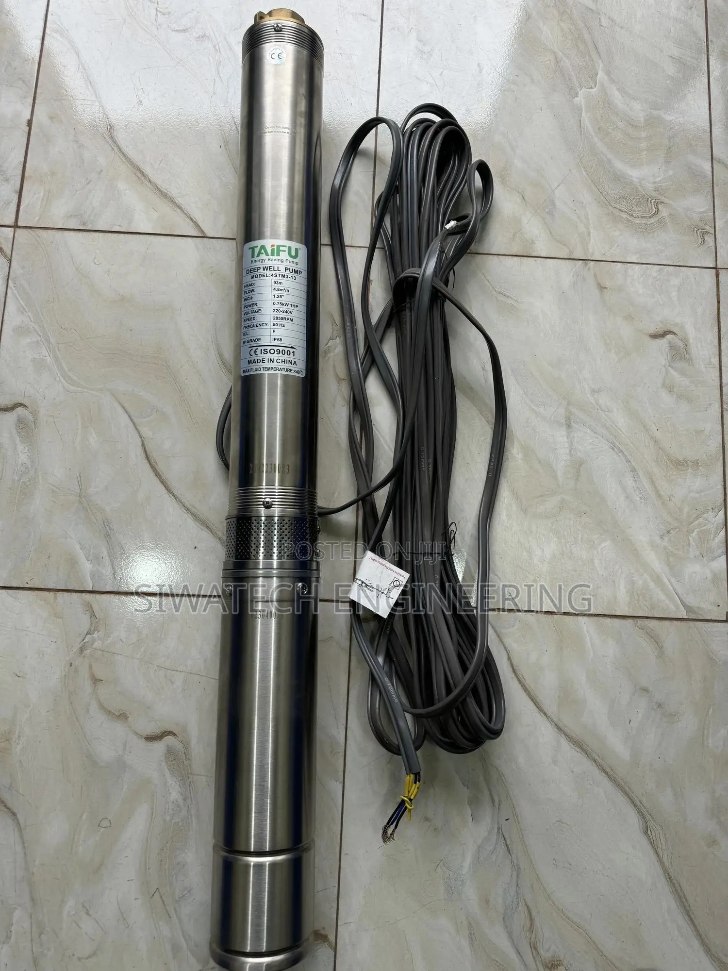 Ac Submersible Water Pump 93m Head With 20m Cable, 1hp 4.8m3