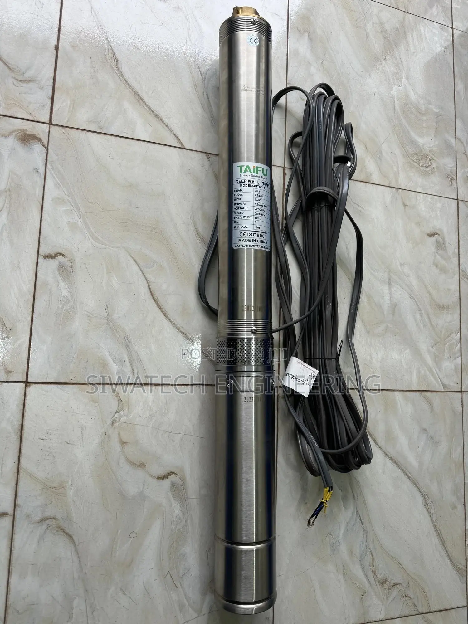 Ac Submersible Water Pump 93m Head With 20m Cable, 1hp 4.8m3