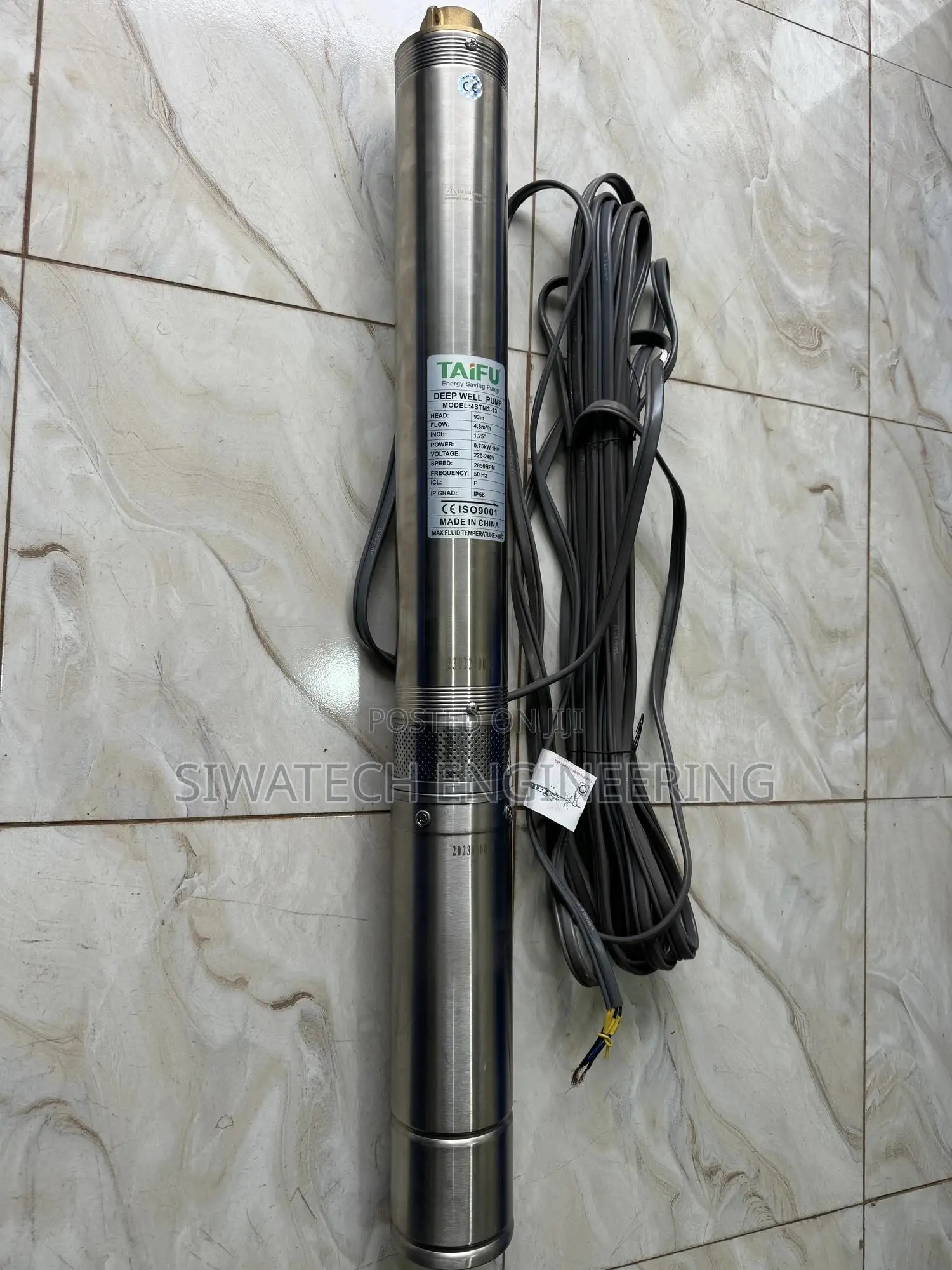 Ac Submersible Water Pump 93m Head With 20m Cable, 1hp 4.8m3