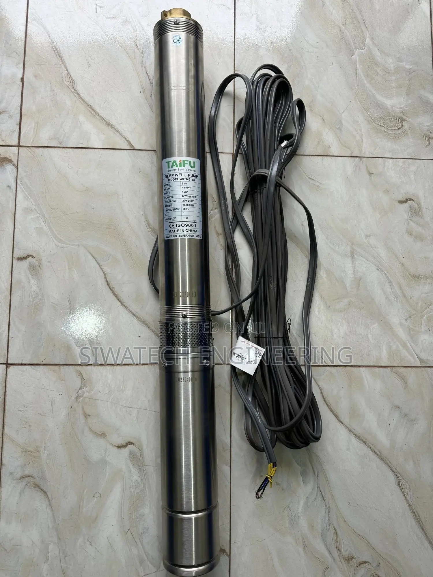 Ac Submersible Water Pump 93m Head With 20m Cable, 1hp 4.8m3