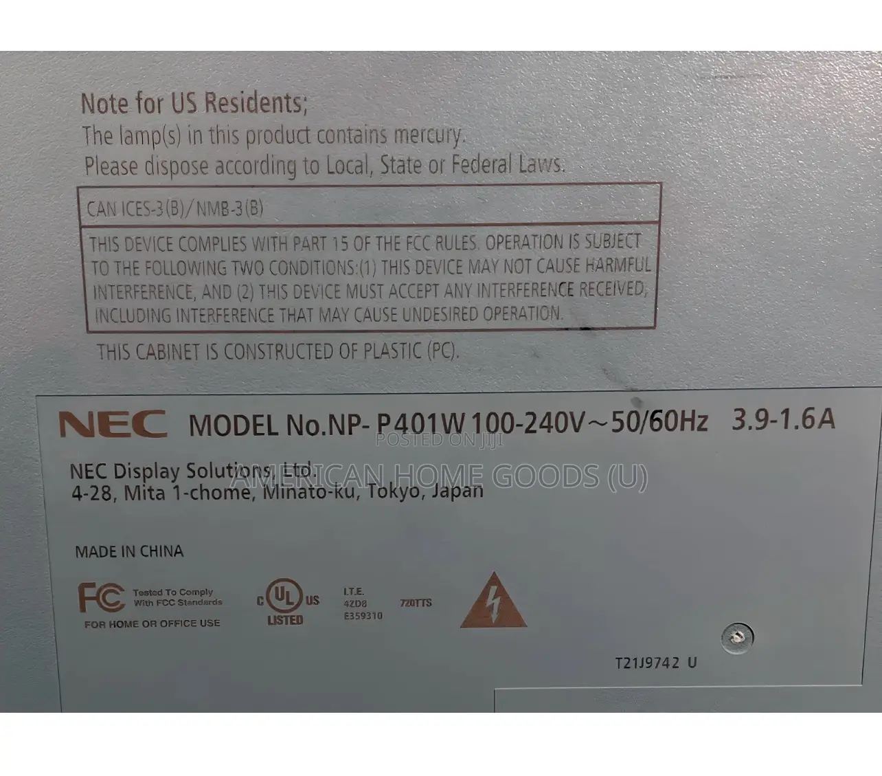 Nec P401w 3lcd Projector 4000 Lumens Hd 1080i Hdmi, 240volts