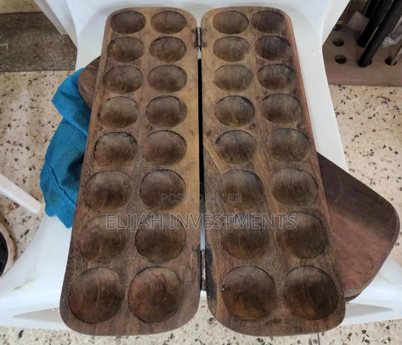 Hand-Made Omweso Board Game With Natural Black Seeds