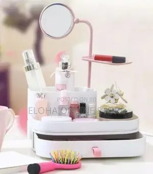 Multi-Tiered Cosmetic Organizer With a Rotating Mirror